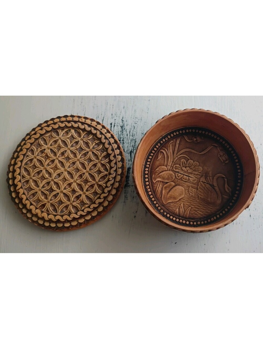 Vintage Birch Bark Trinket Box Handcrafted Floral Wood Hidden Swan 2.5"